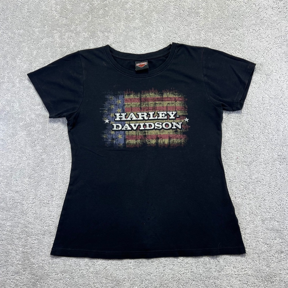 Harley Davidson T-Shirt Womens Medium Black Badlands USA Flag Biker Motorcycle